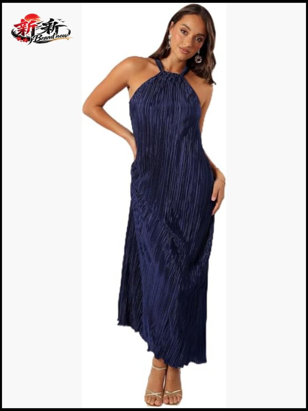 Elegant Halter Neck Maxi Dress Plisse Sleeveless A-Line Formal